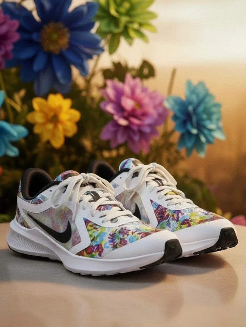 Nike White Running Sneakers with Multicolor Floral Print